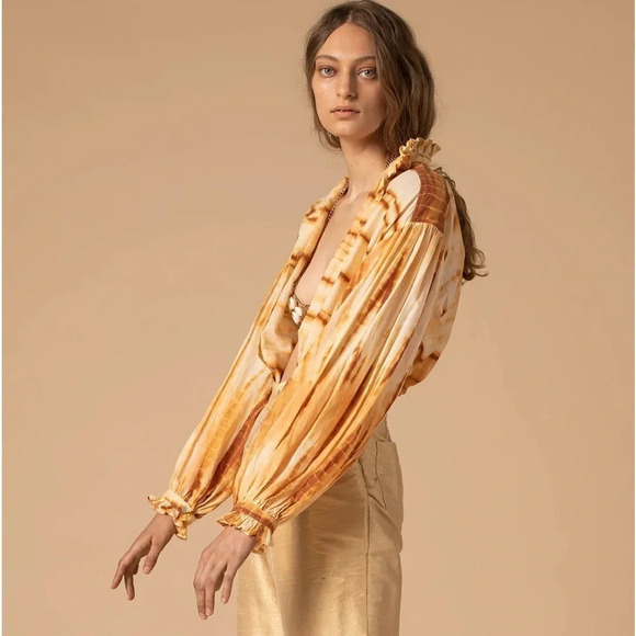 Alix Of Bohemia Tops - Alix of Bohemia Poet Sunrise Shibori Blouse Gold Tie Dye Long Sleeve Top